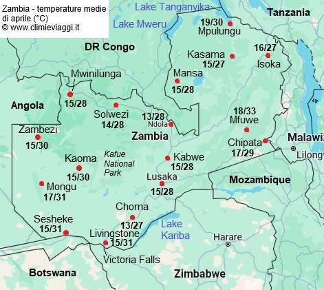 Zambia - mappa con le temperature medie a aprile