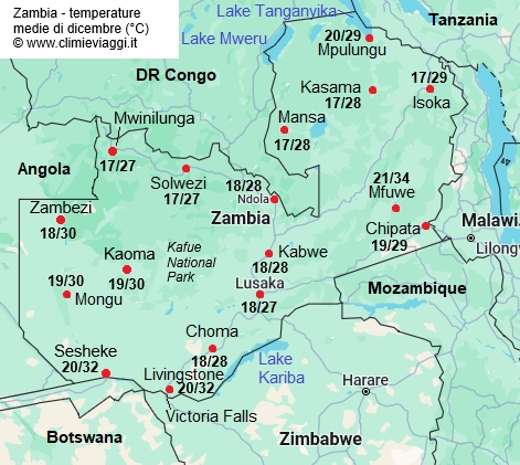 Zambia - mappa con le temperature medie a dicembre