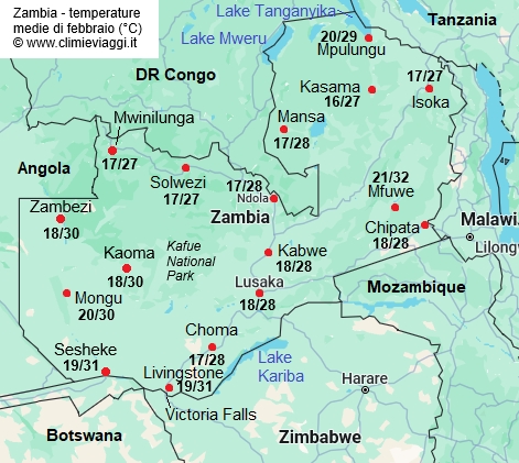 Zambia - mappa con le temperature medie a febbraio