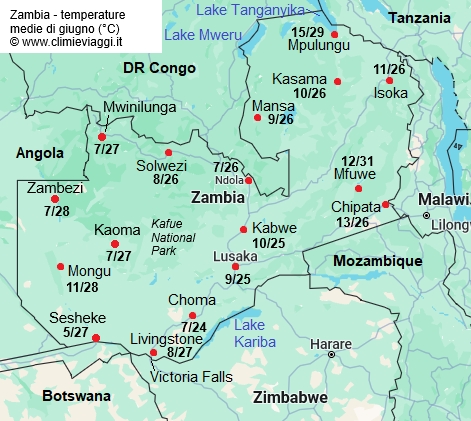 Zambia - mappa con le temperature medie a giugno