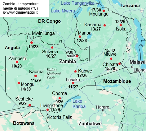 Zambia - mappa con le temperature medie a maggio