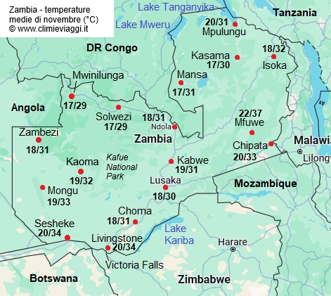 Zambia - mappa con le temperature medie a novembre