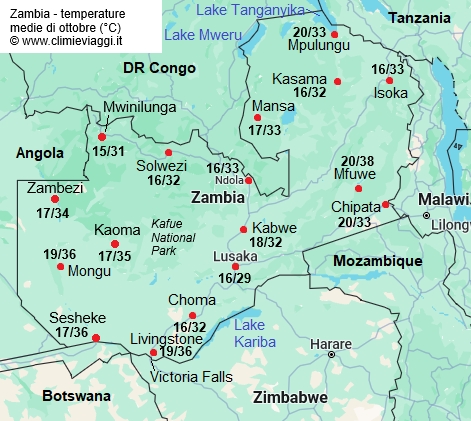 Zambia - mappa con le temperature medie a ottobre